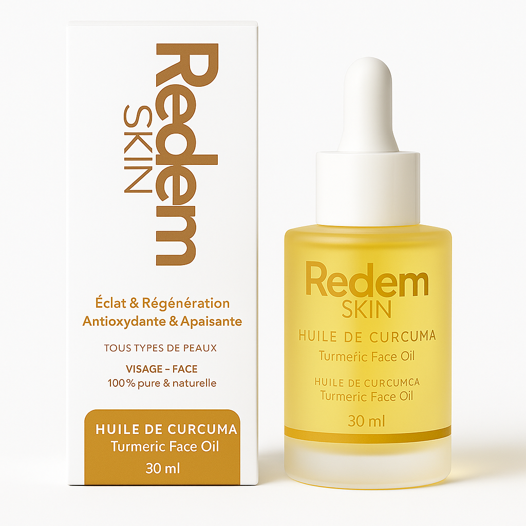 Flacon d'huile de curcuma Redemskin, à associer au savon au curcuma teint irrégulier